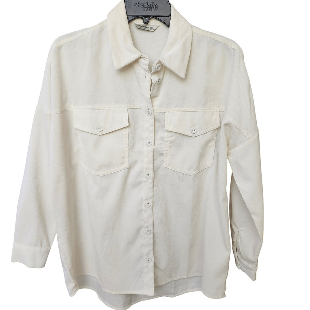 Stradivarius Cream Corduroy Oversized Shirt Jacket Two Pocket Long Sleeve Size S